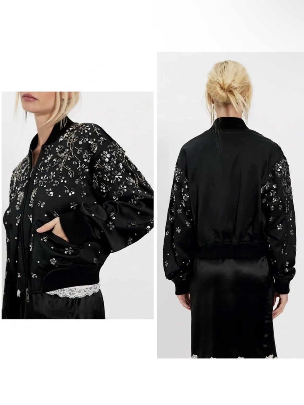 Free People Stassi Black Satin Embellished Beaded Bomber Jacket NWT Size XS - Picture 3 of 11